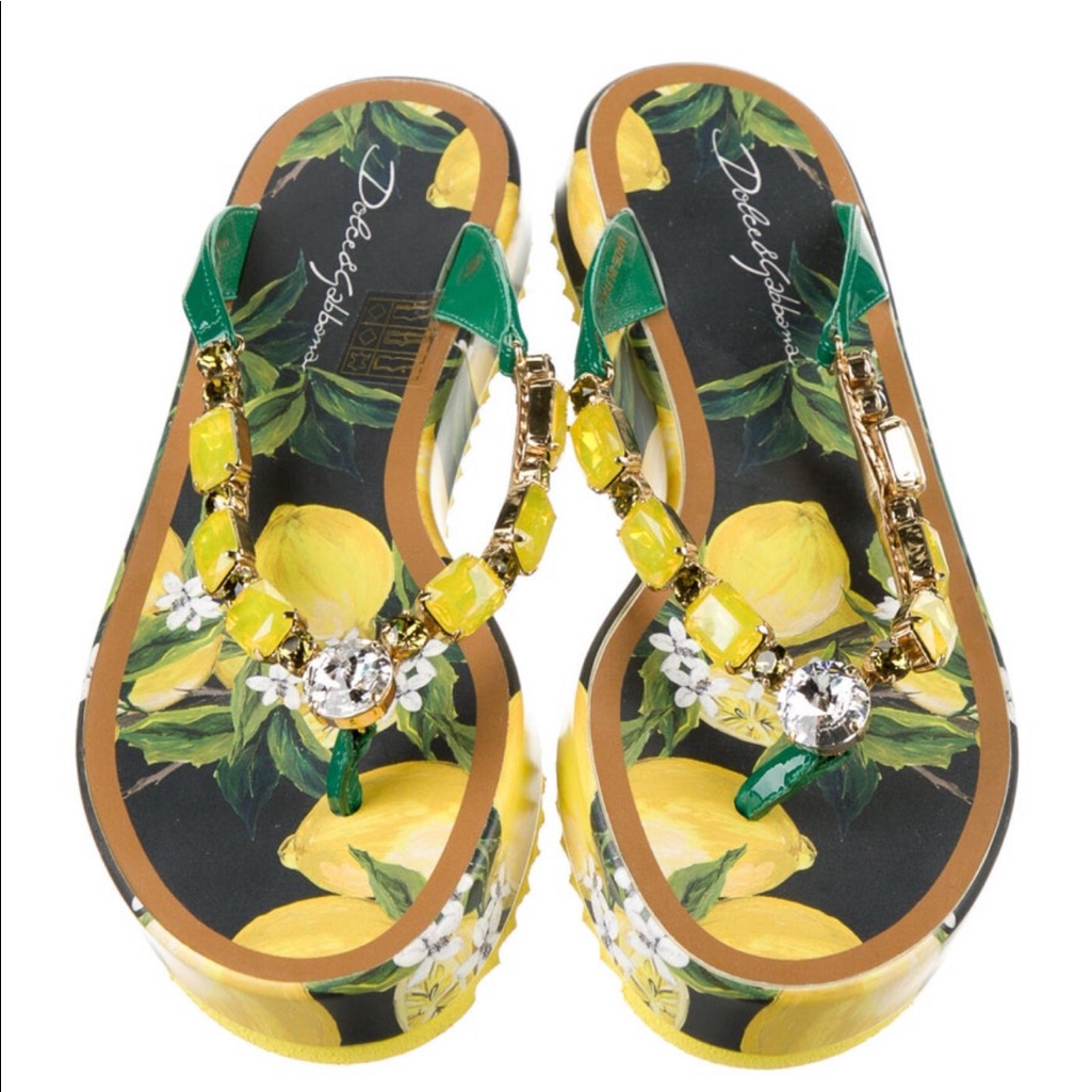 Dolce & Gabbana Flip Flops, Size 6 Black With Lemon Details & Embellishments